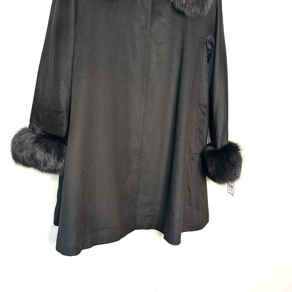 Belle Fare | Black Fox Fur Collar and Cuffs Cashmere Blend Wool Coat Size Large - Picture 6 of 10